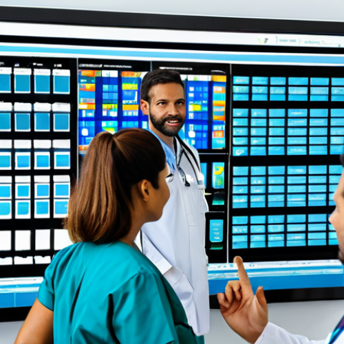 Home 11 **
"A diverse group of healthcare professionals (doctors, nurses, administrators) collaborating around a large interactive screen displaying anonymized patient data in a modern, brightly lit Brazilian hospital. The data visualizations highlight trends in public health. Everyone is fully clothed in professional attire. Safe for work. Perfect anatomy, correct proportions, natural poses, well-formed hands, proper finger count, natural body proportions, professional photography, high quality."
**