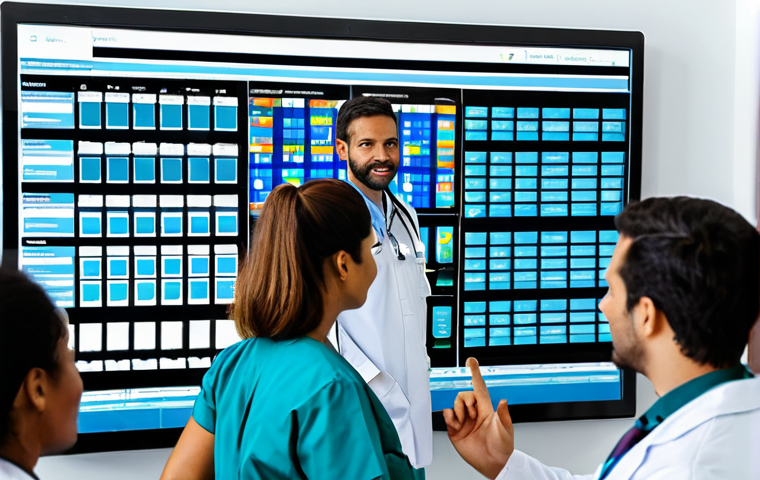 **
"A diverse group of healthcare professionals (doctors, nurses, administrators) collaborating around a large interactive screen displaying anonymized patient data in a modern, brightly lit Brazilian hospital. The data visualizations highlight trends in public health. Everyone is fully clothed in professional attire. Safe for work. Perfect anatomy, correct proportions, natural poses, well-formed hands, proper finger count, natural body proportions, professional photography, high quality."
**