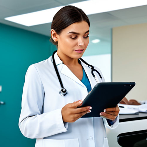 Home 6 Empowered Patient in a Modern Clinic**
A fully clothed woman in a professional and modest blouse and slacks, confidently reviewing her health records on a tablet in a brightly lit, modern doctor's office waiting room. Background shows other patients and medical staff in appropriate attire. Focus on her face, conveying empowerment and control. Safe for work, appropriate content, perfect anatomy, correct proportions, natural pose, professional photography, high quality.
**