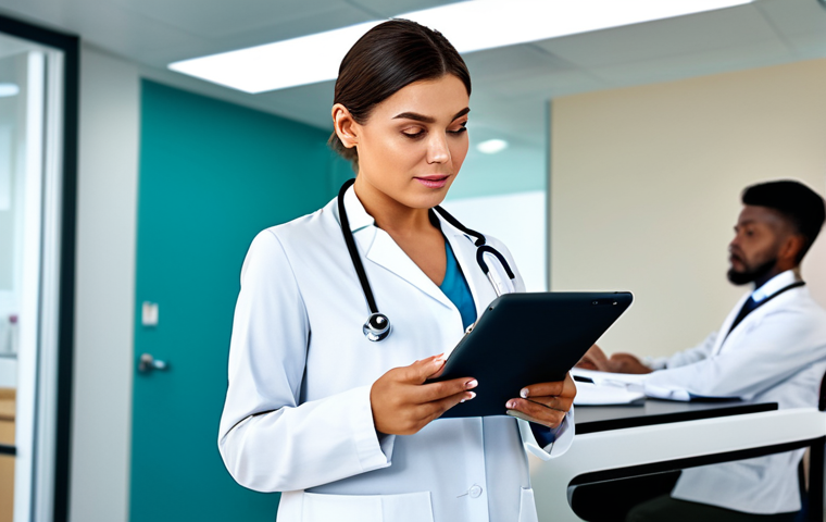 Empowered Patient in a Modern Clinic**
A fully clothed woman in a professional and modest blouse and slacks, confidently reviewing her health records on a tablet in a brightly lit, modern doctor's office waiting room. Background shows other patients and medical staff in appropriate attire. Focus on her face, conveying empowerment and control. Safe for work, appropriate content, perfect anatomy, correct proportions, natural pose, professional photography, high quality.
**