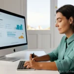 의료기록 탈중앙화의 사회적 영향 - **Prompt:** "A Portuguese individual, around 30-40 years old, sitting comfortably at a modern, minim...