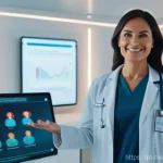 환자 데이터 활용의 사회적 책임 - **Prompt:** A diverse middle-aged woman, dressed in comfortable, modest everyday clothing, stands co...