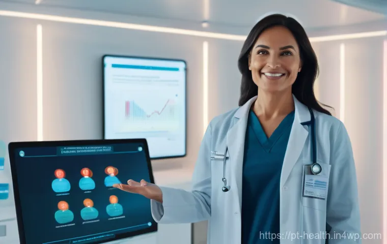 환자 데이터 활용의 사회적 책임 - **Prompt:** A diverse middle-aged woman, dressed in comfortable, modest everyday clothing, stands co...