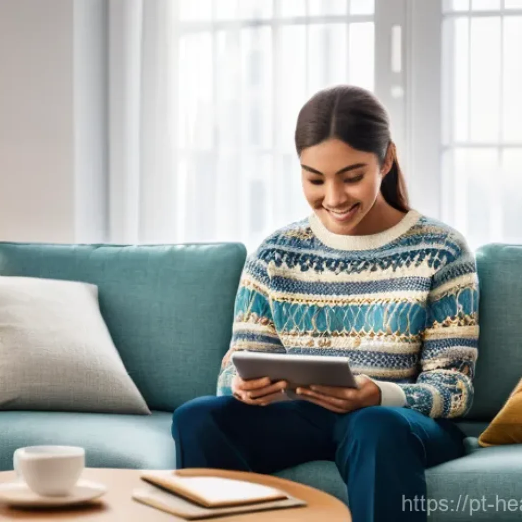 의료기록 데이터 공유와 개인정보 보호 - **Prompt:** A young adult (20s-30s, gender-neutral) sitting comfortably on a modern sofa in a well-l...