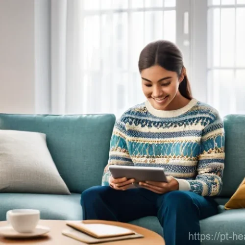 의료기록 데이터 공유와 개인정보 보호 - **Prompt:** A young adult (20s-30s, gender-neutral) sitting comfortably on a modern sofa in a well-l...