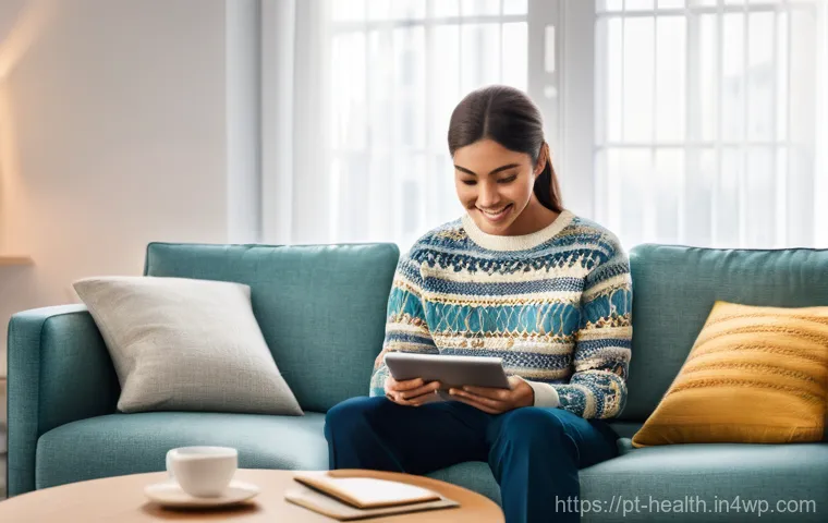 의료기록 데이터 공유와 개인정보 보호 - **Prompt:** A young adult (20s-30s, gender-neutral) sitting comfortably on a modern sofa in a well-l...