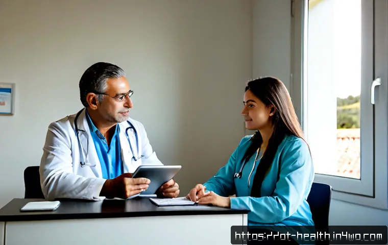 Home 15 탈중앙화 의료기록의 성장 가능성 - Photorealistic modern healthcare consultation in Portugal, a middle-aged patient and a doctor seated...
